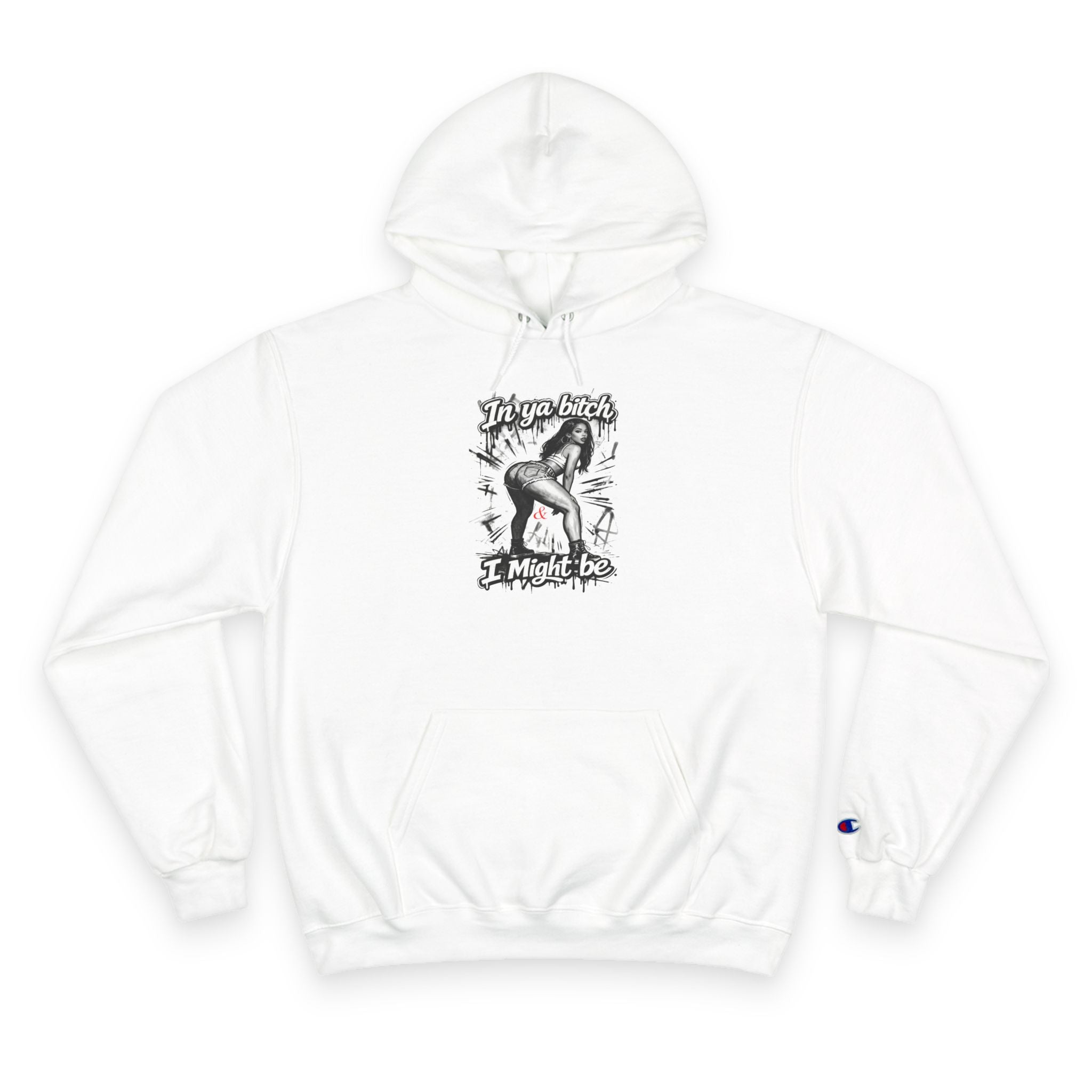 Champion Hoodie — "I Might Be" Graphic Hoodie with Retro Pin-Up Illustration
