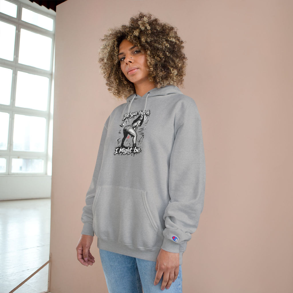Champion Hoodie — "I Might Be" Graphic Hoodie with Retro Pin-Up Illustration